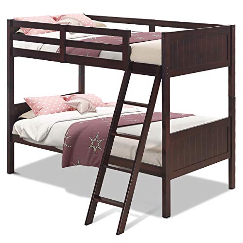 Costzon Wooden Twin Over Twin Bunk Beds Convertible 2 Individual Twin Beds for Kids Children, Solid Rubberwood Bunk Bed