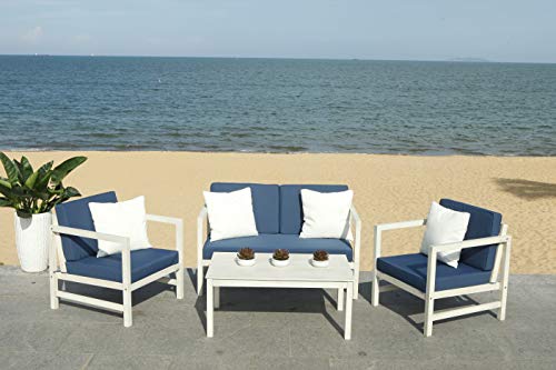 Safavieh PAT7030D Collection Montez White and Navy 4 Pc Accent Pillows Outdoor Set