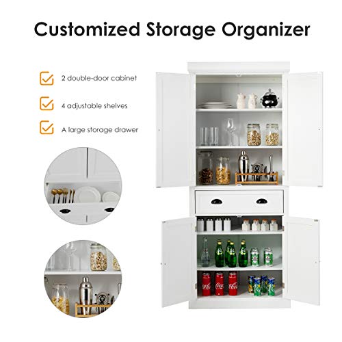 Tangkula 72‘’H Freestanding Kitchen Pantry Cupboard Cabinet, Traditional Elegant Design, w/Adjustable Shelves, 2-Door Floor Utility Storage Cabinet for Living Room Kitchen Hallway (White)