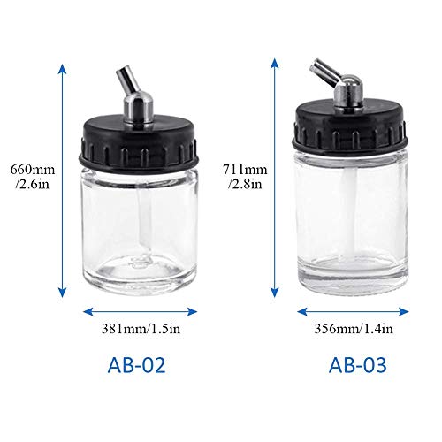 10pcs Glass Jar Airbrush Bottles Set 22cc Transparent Glass Bottle 5pcs AB02 5pcs AB03 Metal Connector with 30° 120°Down Angle Adaptor Lid Assembly Siphon Feed Airbrush, Use with Most airbrushes