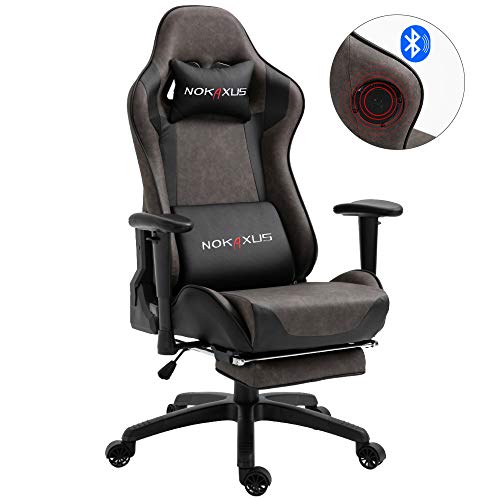 Nokaxus Video Gaming Chair with Bluetooth Speakers Massage Lumbar Support and Retractible Footrest PU Leather 90-180 Degree Adjustment of Backrest (YK-6008-BROWN)
