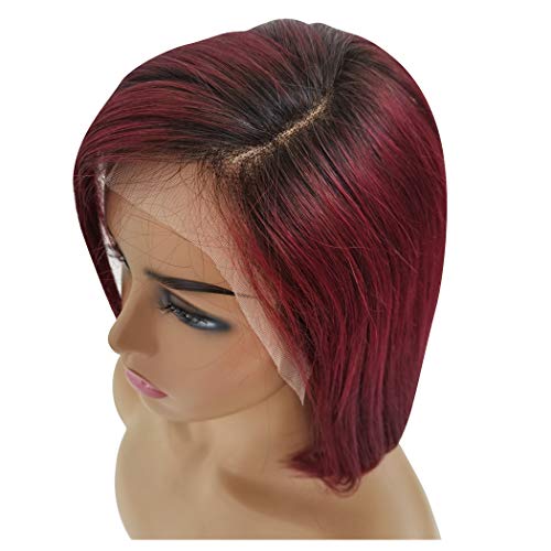 13x6 Lace Front Wigs Ombre Human Hair Balayage Short Straight Bob Wig Natural Balck to Dark Wine Color for Black Women