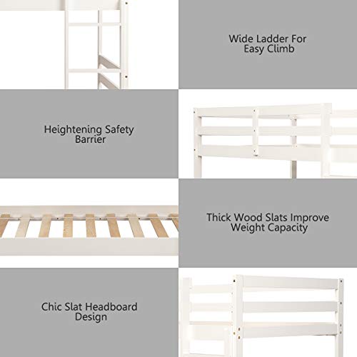 Costzon Twin Bunk Bed, Solid Hardwood with Ladder and Safety Rail, (White)