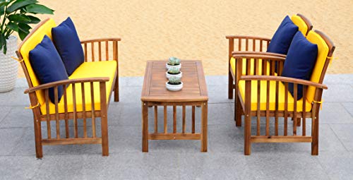 Safavieh PAT7007D Collection Rocklin Teak Look and Yellow 4 Pc Outdoor Set, Natural