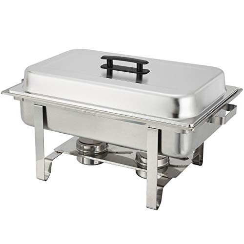 TigerChef 8 Quart Full Size Stainless Steel Chafer with Folding Frame and Cool-Touch Handle and 2 Half Size Chafing Dishes Food Pans 3 Pack