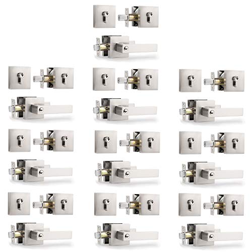 10 Sets Entry Door Handles with Single Cylinder Deadbolt for Exterior Front Doors, Satin Nickel Finish Keyed Alike Leversets, Come with Same Keys, Contractor Pack of 6
