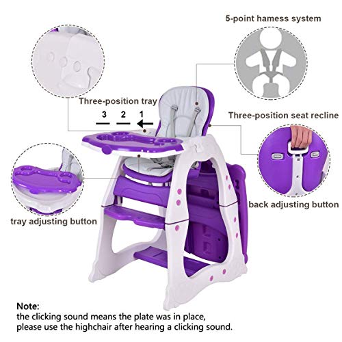 HONEY JOY Baby High Chair, 4-in-1 Convertible Baby Highchair/Booster Seat/Toddler Recliner Chair/Table and Chair Set, Footrest & Safety Harness, 3-Position Adjustable Feeding Tray for Infants(Purple)