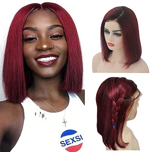 13x6 Lace Front Wigs Ombre Human Hair Balayage Short Straight Bob Wig Natural Balck to Dark Wine Color for Black Women