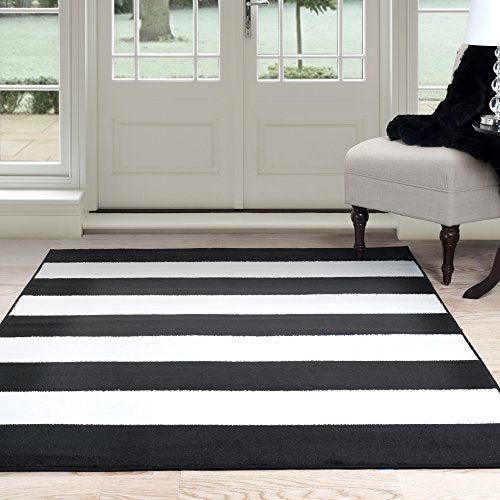 Lavish Home, Black/White Breton Stripe Area Rug, 8' by 10', 8' x 10'