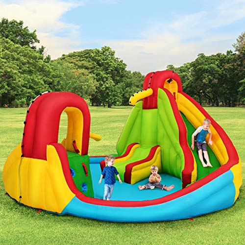 Costzon Inflatable Bounce House 7 in 1 Mighty Pool Slide Kids Bouncer with Climbing Wall, Basketball Rim, Splash Pool, Water Cannon