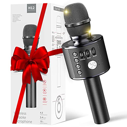 【2021 Upgrade】 Wireless Bluetooth Karaoke Microphone, 4 in 1 Portable Handheld Karaoke Mic Speaker Machine for Kids Adults, for Christmas Birthday Home Party (Black)