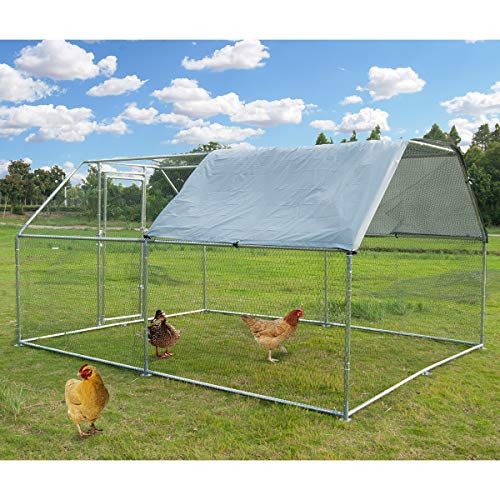 Large Metal Chicken Coop Walk-in Poultry Cage Hen Run House Rabbits Habitat Cage Flat Roofed Cage with Waterproof and Anti-Ultraviolet Cover for Outdoor Backyard Farm Use (9.2' L x 12.5' W x 6.4' H)