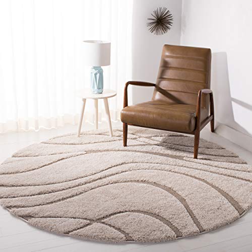 SAFAVIEH Florida Shag Collection SG471 Abstract Wave Non-Shedding Living Room Bedroom Dining Room Entryway Plush 1.2-inch Thick Area Rug, 6'7" x 6'7" Round, Cream / Beige