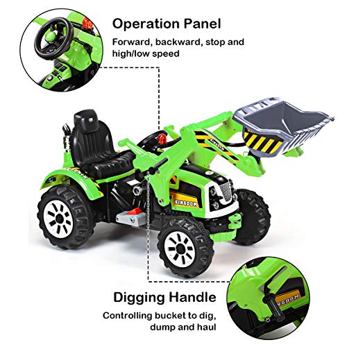 Costzon 12V Battery Powered Kids Ride On Excavator, Electric Truck with High/Low Speed, Moving Forward/Backward, Front Loader Digger (Green)