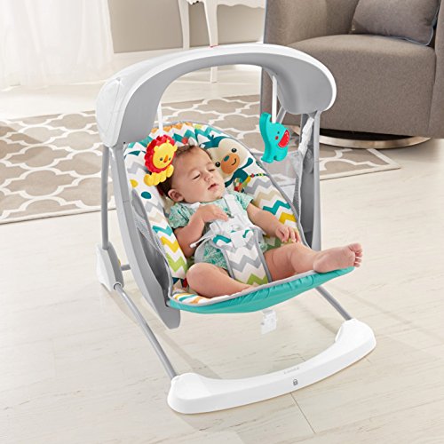 Fisher-Price Colourful Carnival Take-Along Swing and Seat, Blue/Gray Chevron, Portable Baby Swing and Stationary Infant Seat