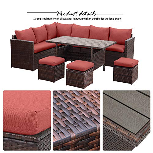 Wisteria Lane Patio Furniture Set,7 PCS Outdoor Conversation Set All Weather Wicker Sectional Sofa Couch Dining Table Chair with Ottoman, Wine Red