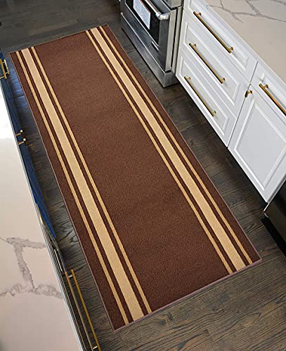 Custom Size Solid Border Roll Runner 32 in Wide x Your Length Choice Slip Resistant Rubber Back Area Rugs and Runners (Brown with Beige Border 28 ft x 32 in)