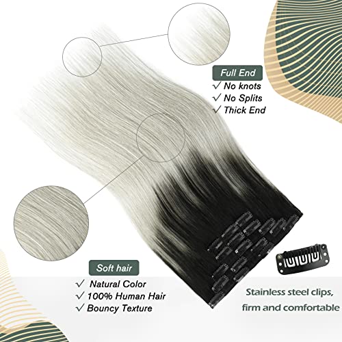 10A Grade Clip In Hair Extensions Human Hair Ombre Hair Natural Black Fading to Silver Gray Brazilian Hair 120g 7pcs Per Set Remy Hair Full Head Silky Straight Human Hair Clip In Extensions 22In