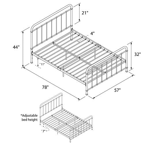 DHP Brooklyn Metal Iron Bed w/ Headboard & Footboard, Adjustable height (7” or 11” clearance for storage)White