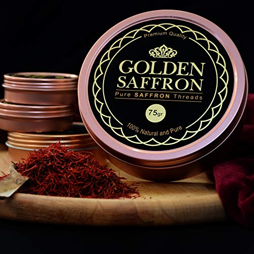 Golden Saffron, Finest Pure Premium All Red Saffron Threads, Grade A+ Super Negin, Non-GMO Verified. For Tea, Paella, Rice, Desserts, Golden Milk and Risotto (75 Grams)