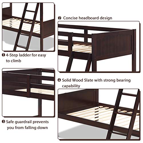 Costzon Wooden Twin Over Twin Bunk Beds Convertible 2 Individual Twin Beds for Kids Children, Solid Rubberwood Bunk Bed