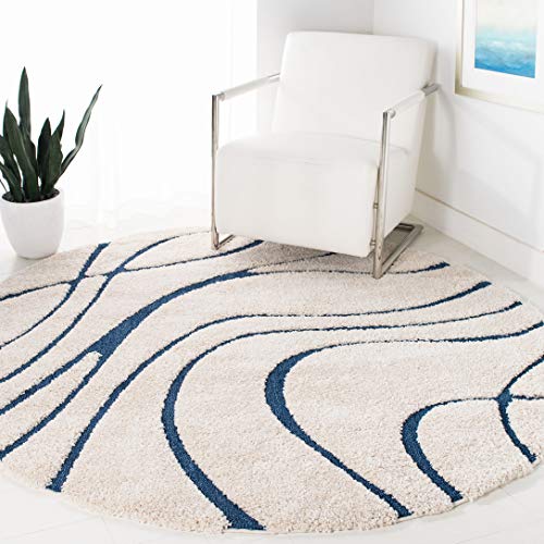 SAFAVIEH Florida Shag Collection SG471 Abstract Wave Non-Shedding Living Room Bedroom Dining Room Entryway Plush 1.2-inch Thick Area Rug, 6'7" x 6'7" Round, Cream / Blue