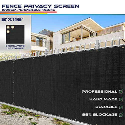Windscreen4less Heavy Duty Privacy Screen Fence in Color Solid Black 8' x 116' Brass Grommets w/3-Year Warranty 150 GSM (Customized Size)