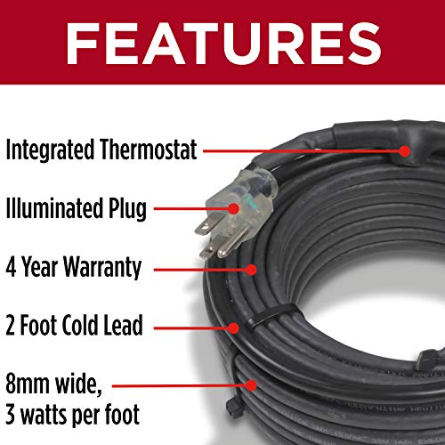 Heat Cable for Pipe Freeze Protection, 100 feet, with Built-in Thermostat and 16 Feet of High-Temp Installation Tape, Heavy-Duty, Self-Regulating, 120 volt