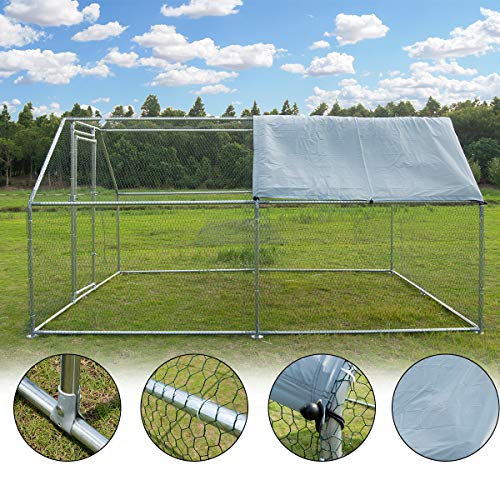 Large Metal Chicken Coop Walk-in Poultry Cage Hen Run House Rabbits Habitat Cage Flat Roofed Cage with Waterproof and Anti-Ultraviolet Cover for Outdoor Backyard Farm Use (9.2' L x 12.5' W x 6.4' H)