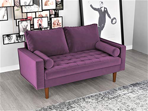 Container Furniture Direct S5458 Mid Century Modern Velvet Upholstered Tufted Living Room Loveseat, 57.87", Eggplant