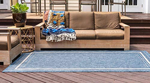 Unique Loom Outdoor Collection Transitional Indoor & Outdoor Casual Solid Tonal Border Area Rug, 7 x 10 ft, Blue/Beige