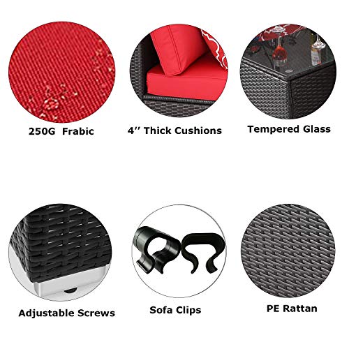 Do4U 8 Pieces Patio Furniture Sets Outdoor All-Weather Wicker Rattan Sofa Cushioned Seating and Back Sectional Conversation Set, Two Red Pillows (Red)