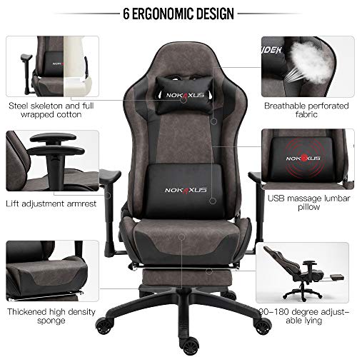 Nokaxus Video Gaming Chair with Bluetooth Speakers Massage Lumbar Support and Retractible Footrest PU Leather 90-180 Degree Adjustment of Backrest (YK-6008-BROWN)