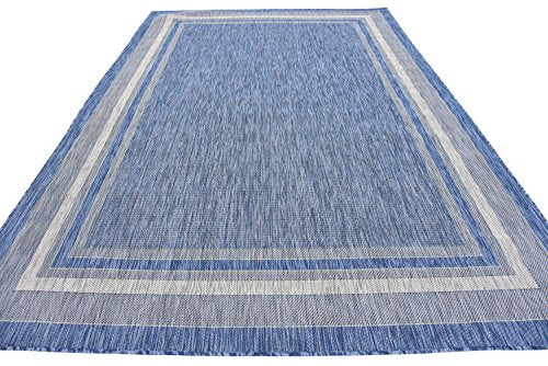 Unique Loom Outdoor Collection Transitional Indoor & Outdoor Casual Solid Tonal Border Area Rug, 7 x 10 ft, Blue/Beige