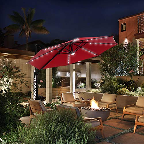 Leisurelife 10' Cantilever Offset Umbrella with Solar Lights for Patio, Tilt and Crank, 8 Ribs, Wine Red