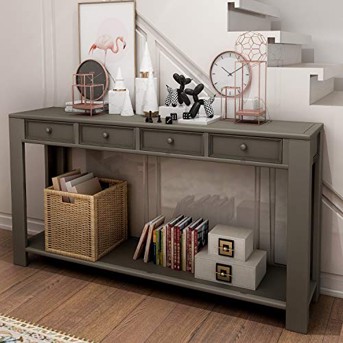P PURLOVE Console Table for Entryway Hallway Easy Assembly 64" Long Sofa Table with Drawers and Bottom Shelf (64", Distressed Black)