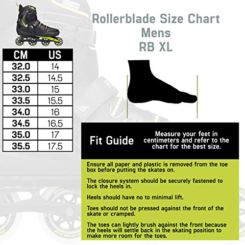 Rollerblade RB XL Men's Adult Fitness Inline Skate, Black and Lime, High Performance Inline Skates, 17.5