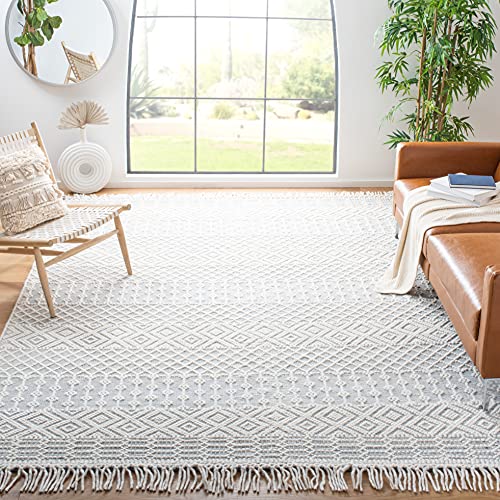 Safavieh Natura Collection NAT852A Handmade Moroccan Boho Fringe Wool Area Rug, 6' x 9', Ivory / Grey