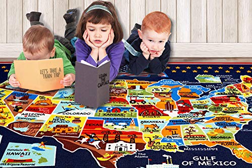 Gertmenian Smithsonian Rug US Map Learning Carpets Bedding Play Mat Classroom Decorations Blue Area Rugs 5x7, Navy