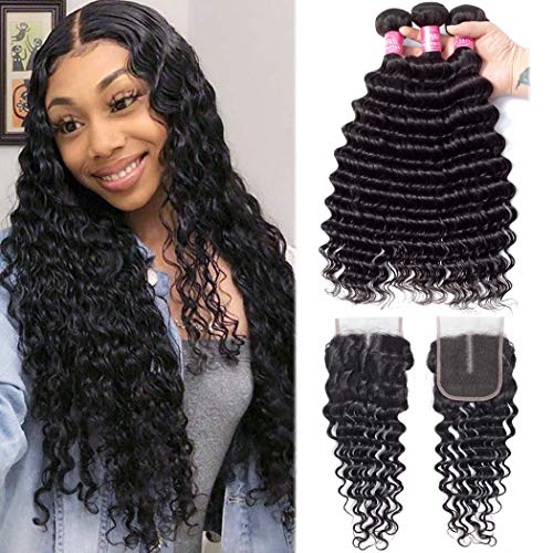 10A Brazilian Deep Wave Human Hair 3 Bundles with Closure (22 24 26 with 20 Closure) Unprocessed Deep Wave Hair Weave Bundles with Lace Closure Middle Part Human Hair Bundles and Closure Natural Color