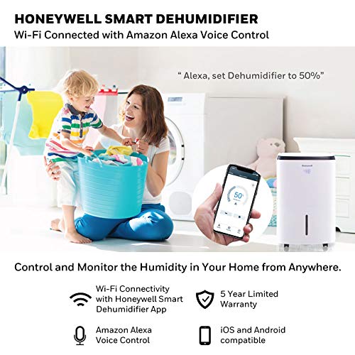 Honeywell Medium Basement & Room Up to 3000 Sq. Ft, TP50AWKN Smart Wi-Fi Energy Star Dehumidifier, 50 Pint, White