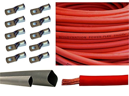 4/0 Gauge 4/0 AWG Red 15 Feet Welding Battery Pure Copper Flexible Cable + 10pcs of 3/8" Tinned Copper Cable Lug Terminal Connectors + 3 Feet Black Heat Shrink Tubing