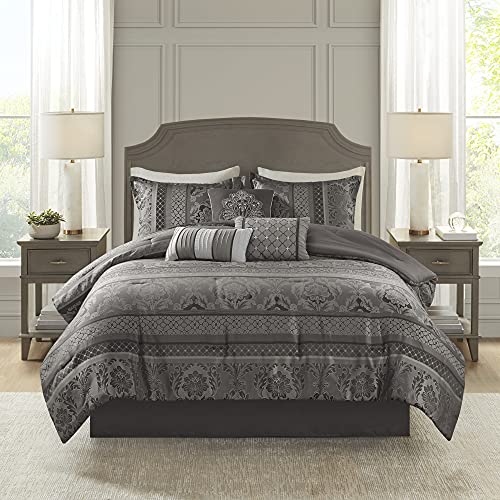 Madison Park Cozy Comforter Set-Luxurious Jaquard Traditional Damask Design All Season Down Alternative Bedding with Matching Shams, Decorative Pillow, California King (104 in x 92 in), Grey 7 Piece