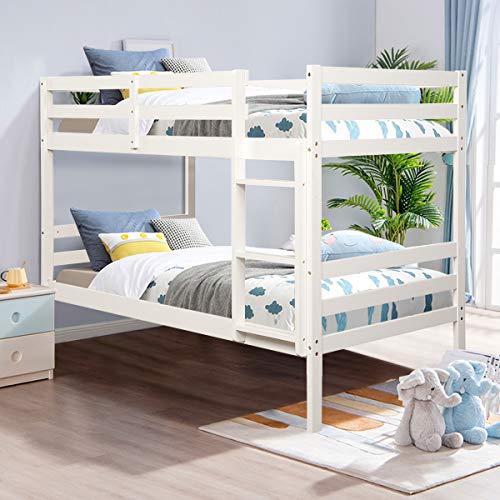 Costzon Twin Bunk Bed, Solid Hardwood with Ladder and Safety Rail, (White)