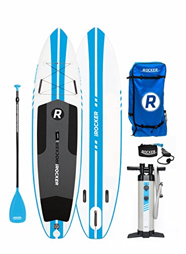 iROCKER All-Around Inflatable Stand Up Paddle Board 11' Long 32" Wide 6" Thick SUP Package (White/Blue Stripe 2018)