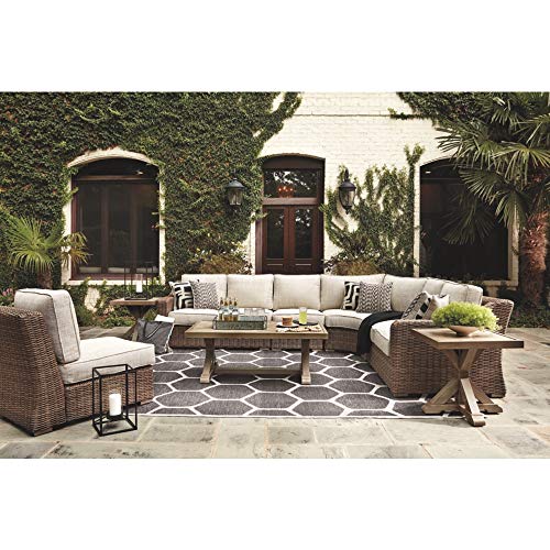 Signature Design by Ashley Beachcroft Patio Farmhouse Outdoor Wicker Cushioned Armless Chair, Beige