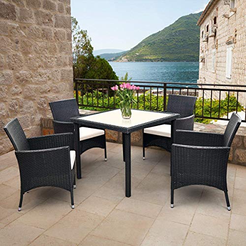 Tangkula 5PCS Patio Wicker Dining Set, Rattan Table  4Chairs Cushioned Seat w/ Removable Cushions Black
