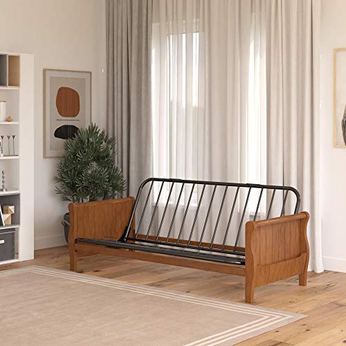 DHP Futon Wood Arms and Side Storage Mattress Sold Separately, Walnut Frame