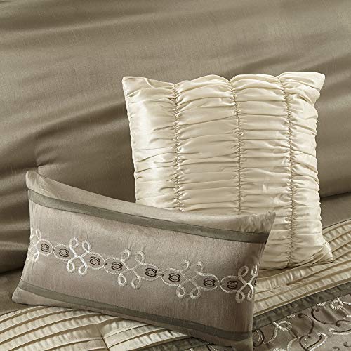 Madison Park Essentials Jelena Room In A Bag Faux Silk Comforter Set, Classic Luxe All Season Down Alternative Bed Set with Bedskirt,Matching Curtains,Decorative Pillows, King(104"x92"), Natural 24 PC