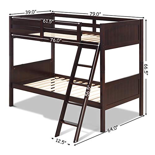 Costzon Wooden Twin Over Twin Bunk Beds Convertible 2 Individual Twin Beds for Kids Children, Solid Rubberwood Bunk Bed